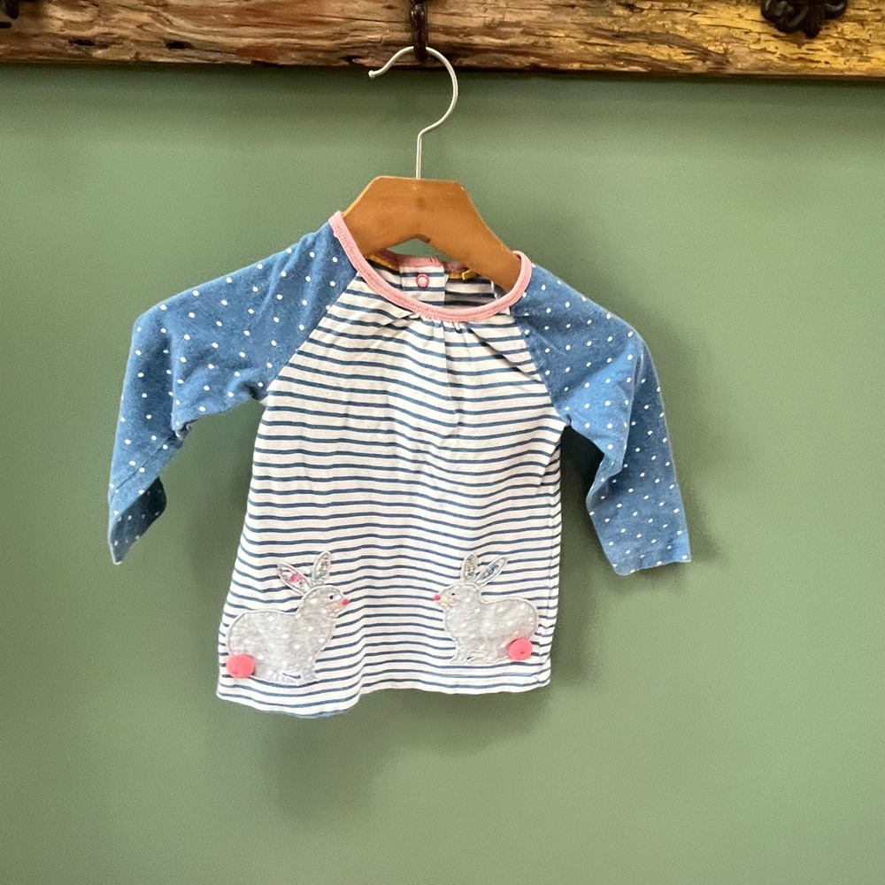 Mini Boden Baby Girls Blue Striped Bunny Applique Raglan Top 6-12 Months